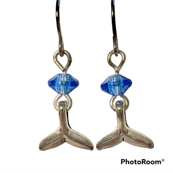 Silver Mermaid Whale Tail Earrings Blue Bead Plated Dangle Dainty Nautical - Picture 9 of 12